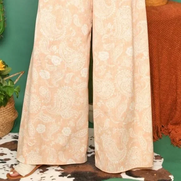 SALE! FANTASTIC FAWN Women's Wide Leg Peach Paisley Pants Smocked FP51398-02 - Picture 4 of 11